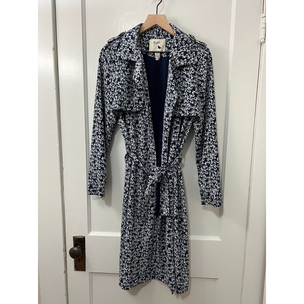 Yumi Outerwear Women's Blue White Yellow Floral Trench Coat Tie Belt Size S (6)